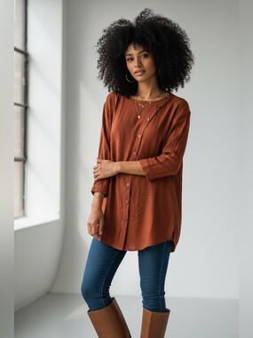 NWT Free People M orange brown asymmetric button 3/4 sleeve‎ boho festival top